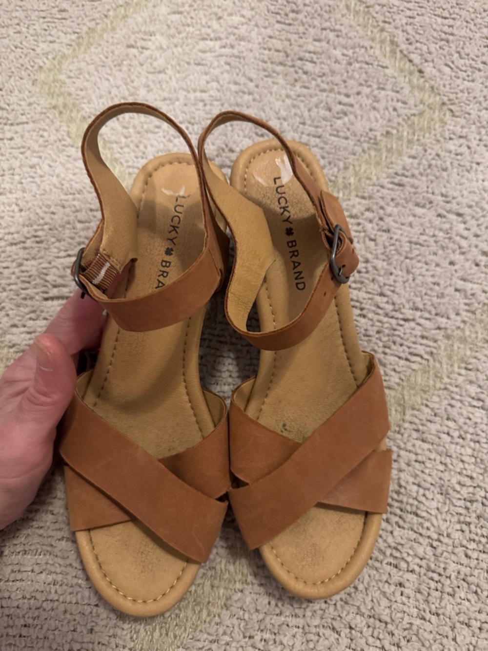 Lucky Brand Brown Leather Wedge Sandals Ankle Strap Boho Size 7M - Picture 2 of 6